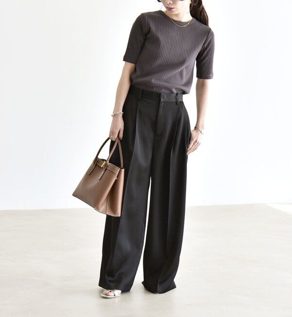 quaranciel「quaranciel:〈洗濯機可能〉テレコ リブ クルー ヘンリー 2way ハーフスリーブ TEE」|Tシャツ・カットソー|