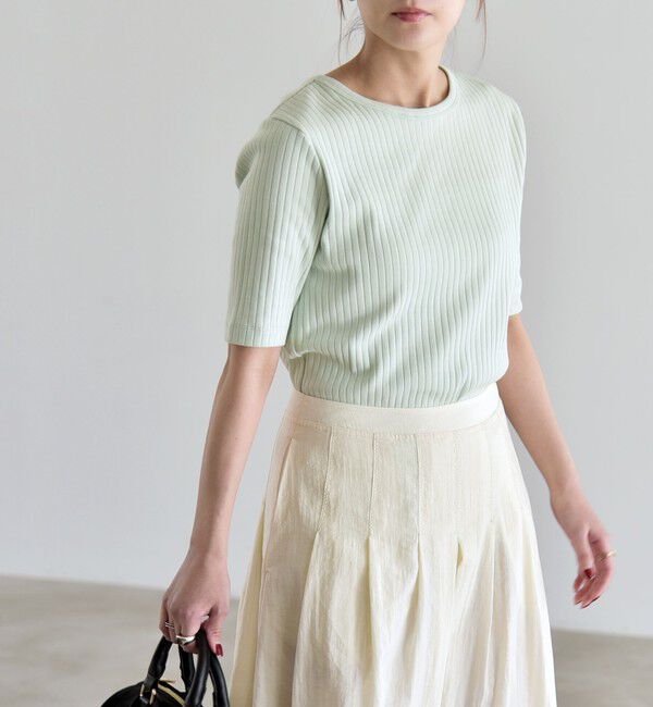 quaranciel「quaranciel:〈洗濯機可能〉テレコ リブ クルー ヘンリー 2way ハーフスリーブ TEE」|Tシャツ・カットソー|