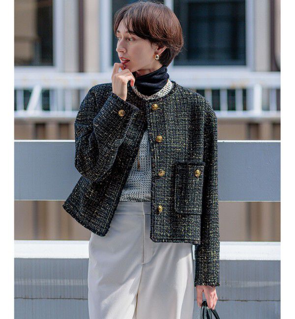 23区「【滝沢眞規子さん着用】GIOLICA ボタン ツイード ジャケット」|ノーカラージャケット|ﾌﾞﾗｯｸ&times;ｺ