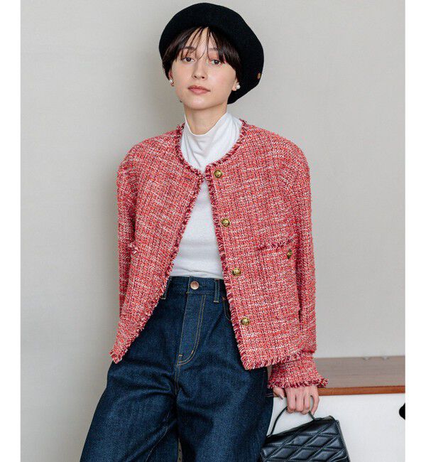23区「【滝沢眞規子さん着用】GIOLICA ボタン ツイード ジャケット」|ノーカラージャケット|ﾚｯﾄﾞ&times;ﾎﾜ