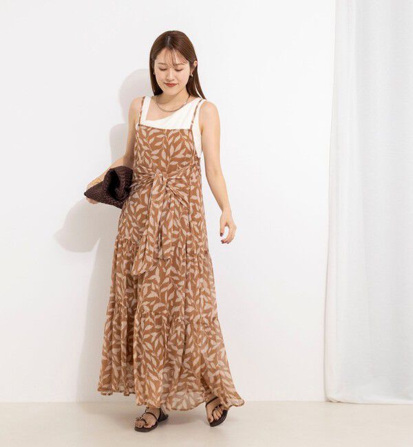 NOLLEY'S「【Import Fabric】ウォッシャブル楊柳リーフ柄ウエストリボンワンピース」|ワンピース|
