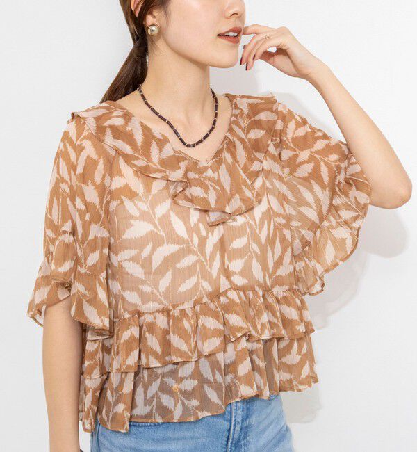NOLLEY'S「【Import Fabric】ウォッシャブル楊柳リーフ柄フリルブラウス」|シャツ・ブラウス|ブラウン系1
