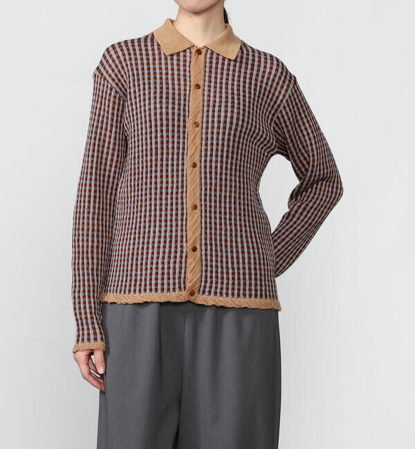 UNFIL「UNFIL | ウール ポロカラー長袖ニットシャツ CHECK WOMEN」|ニット・セーター|BROWN系1