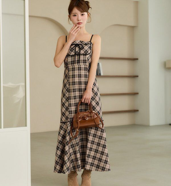  「【SMサイズ展開】配色チェックロングキャミワンピース」|ワンピース|