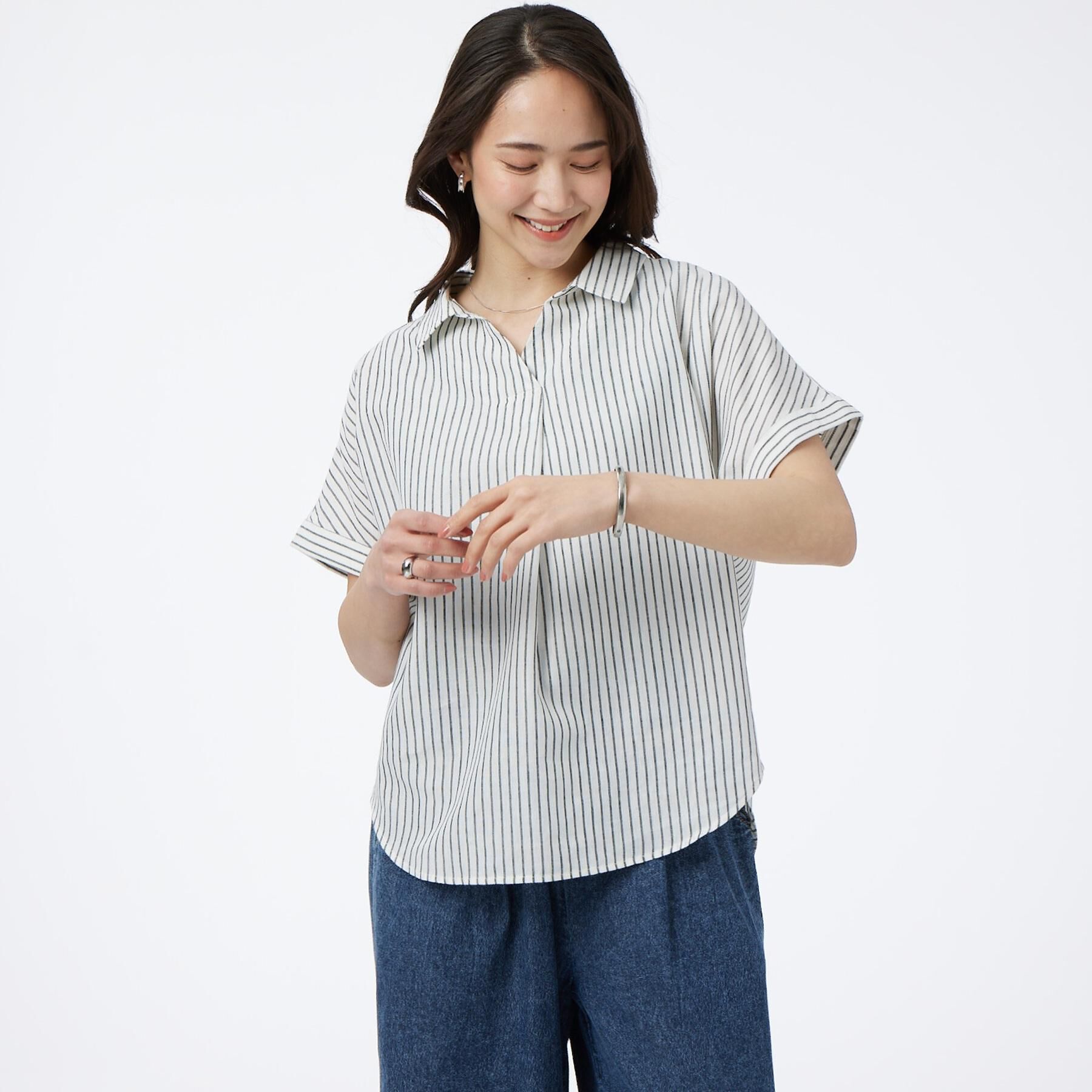 SHOO･LA･RUE「【UV/吸水速乾/抗菌防臭】インせず着られる フレンチリネンスキッパーシャツ」|シャツ・ブラウス|