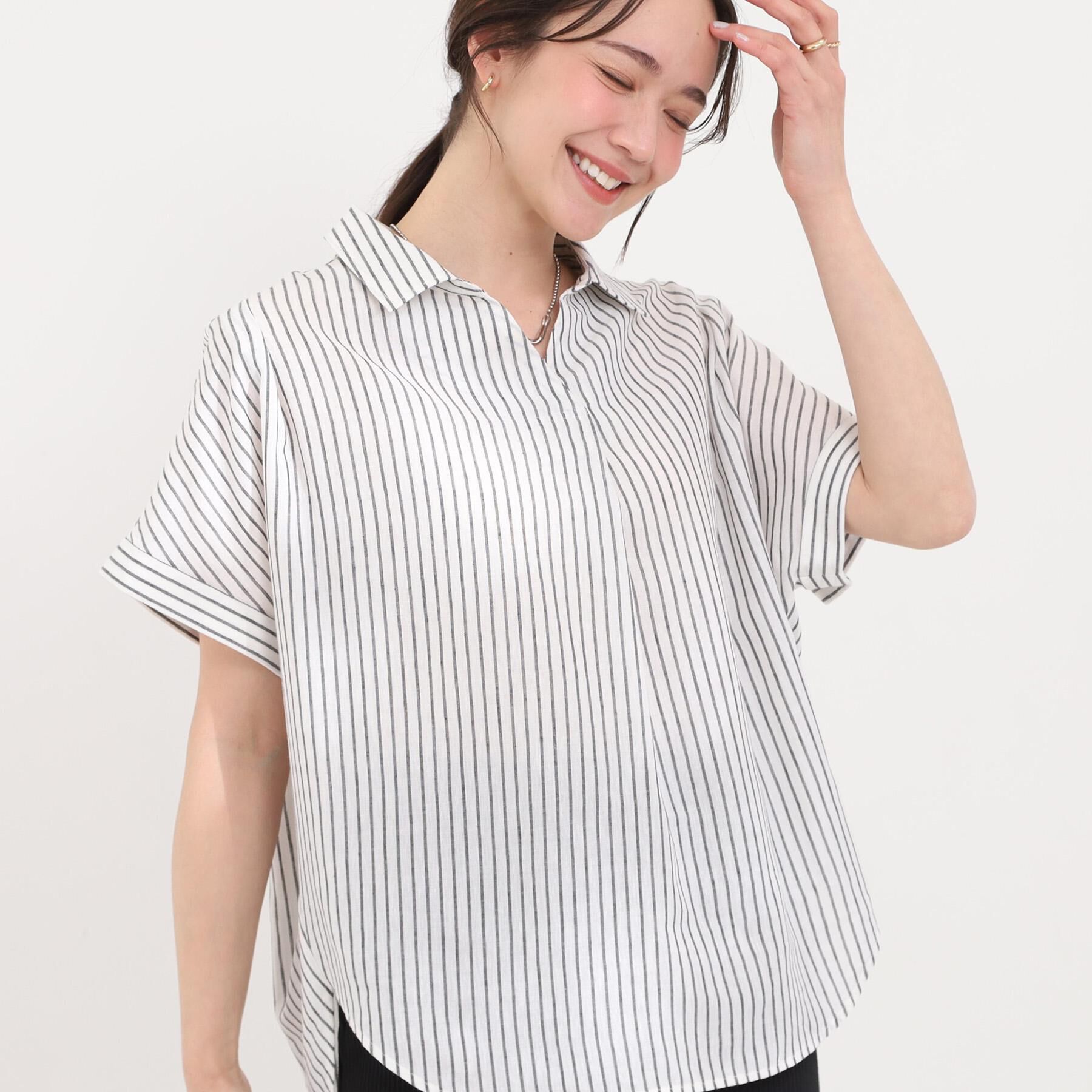 SHOO･LA･RUE「【UV/吸水速乾/抗菌防臭】インせず着られる フレンチリネンスキッパーシャツ」|シャツ・ブラウス|ホワイト(301)
