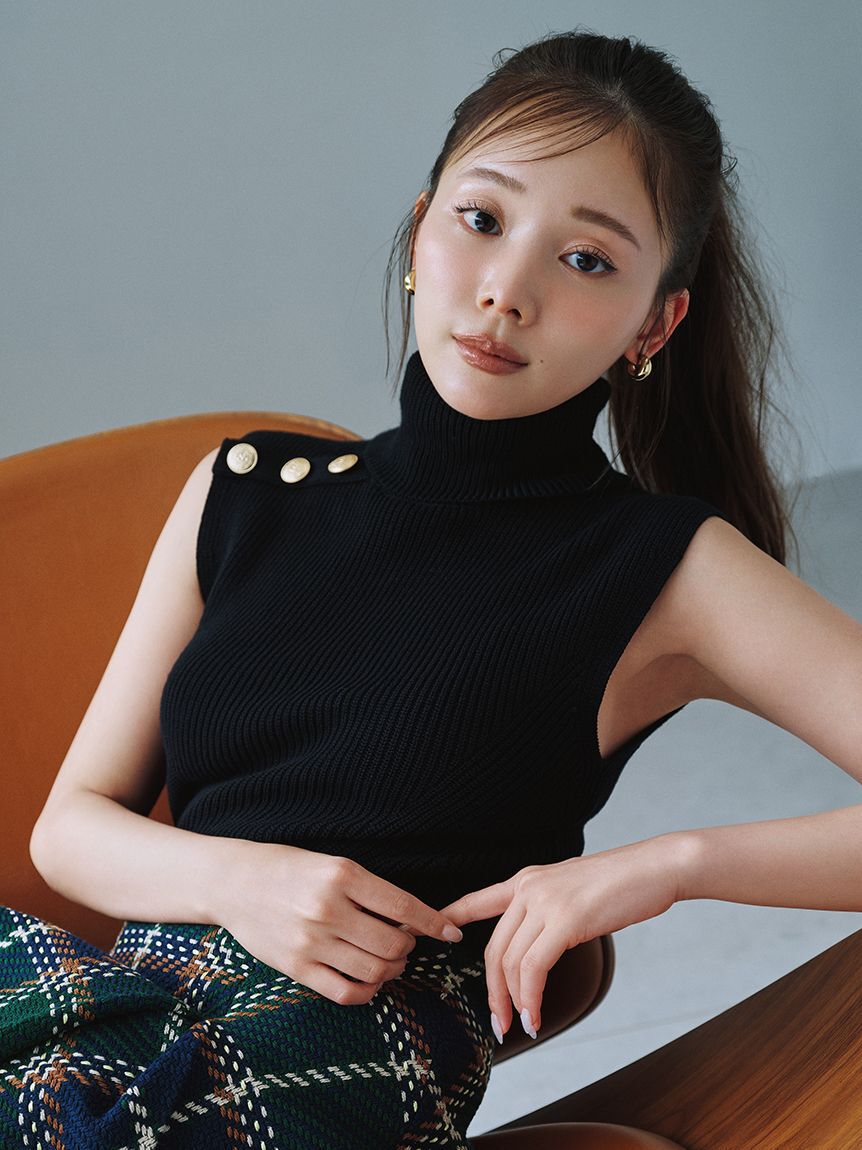 SNIDEL「金ボタン付きノースリプルオーバー」|ニット・セーター|BLK