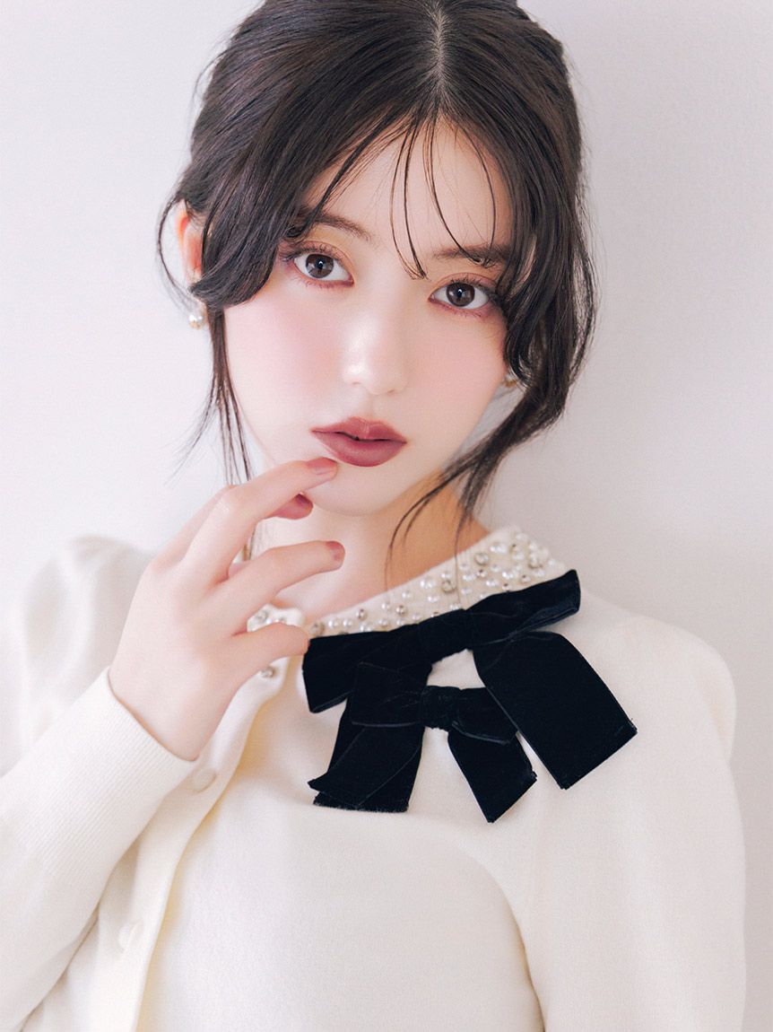 SNIDEL「【WEB限定】ベロアリボン付きパールビジューニットカーディガン」|カーディガン|