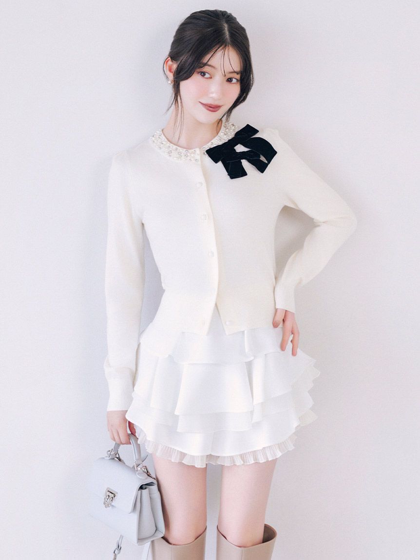 SNIDEL「【WEB限定】ベロアリボン付きパールビジューニットカーディガン」|カーディガン|