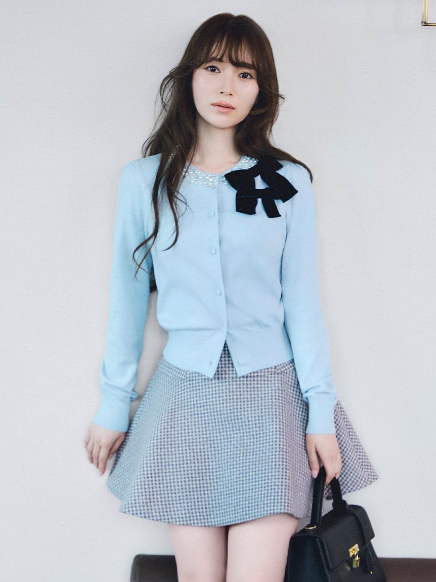 SNIDEL「【WEB限定】ベロアリボン付きパールビジューニットカーディガン」|カーディガン|