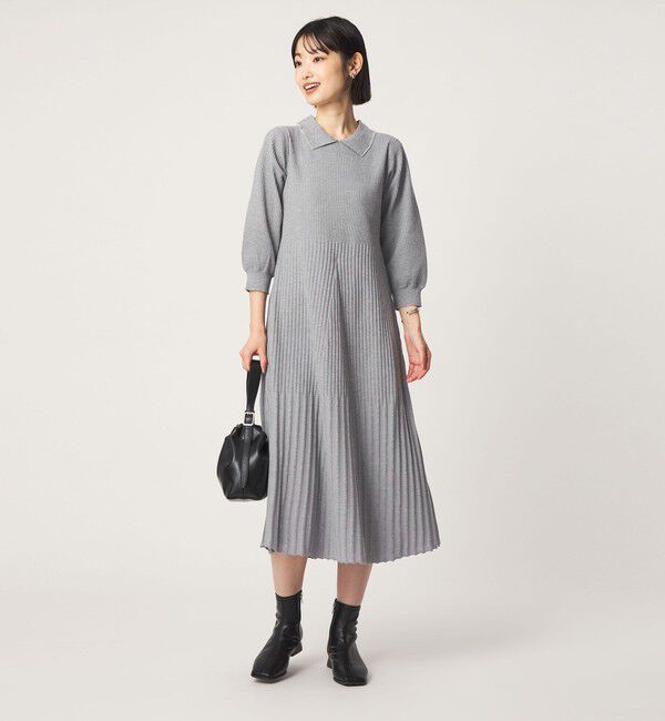 UNITED ARROWS green label relaxing「襟フェイクパール プリーツ ニット ワンピース」|ワンピース|LT.GRAY
