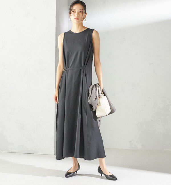 SHIPS for women「〈接触冷感/吸水速乾/防シワ〉ツイル ノースリーブ ベルト付き ワンピース」|ワンピース|ブラック