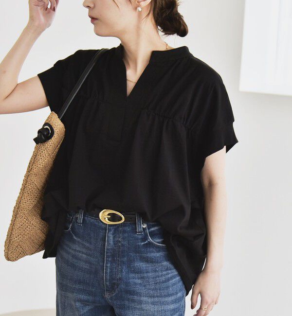 quaranciel「quaranciel:〈手洗い可能〉ギャザー スキッパー バンドカラー プルオーバー」|Tシャツ・カットソー|