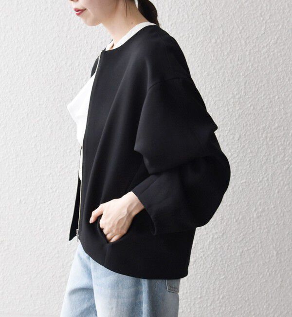 SHIPS any「《一部追加予約》〈洗濯機可能〉ダブルクロス ノーカラー ジップ ブルゾン［NAVY BLUE］」|ノーカラージャケット|