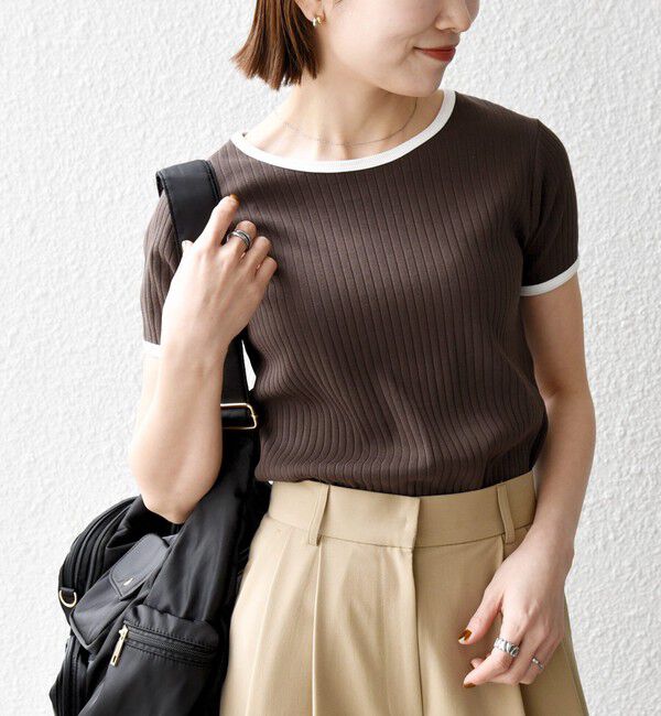 SHIPS any「〈洗濯機可能〉テレコ リブ バイカラー ショートスリーブ TEE」|Tシャツ・カットソー|ブラウン