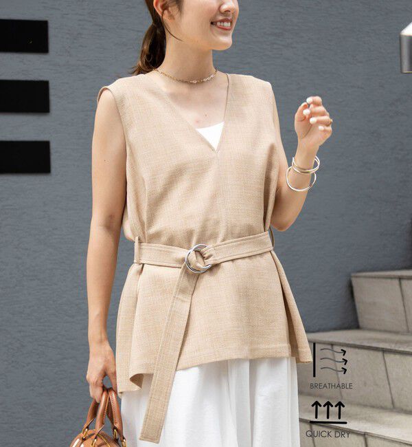 NOLLEY'S「《セットアップ対応》【BECシリーズ】ウォッシャブルリネンライクベルテッドノースリーブブラウス」|ベスト・ジレ|ベージュ