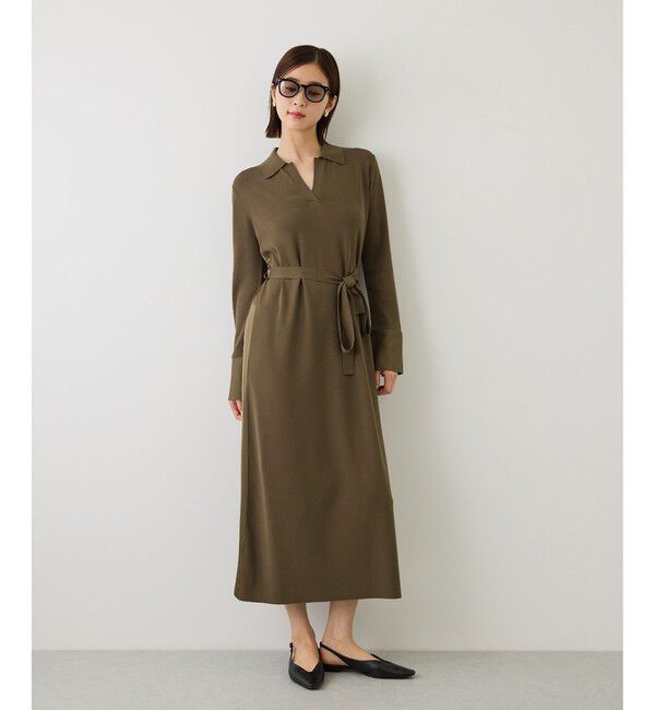 ROPE「【J'aDoRe・店舗限定サイズ】サテンコンビオープンカラーニットワンピース」|ワンピース|カーキー(36)