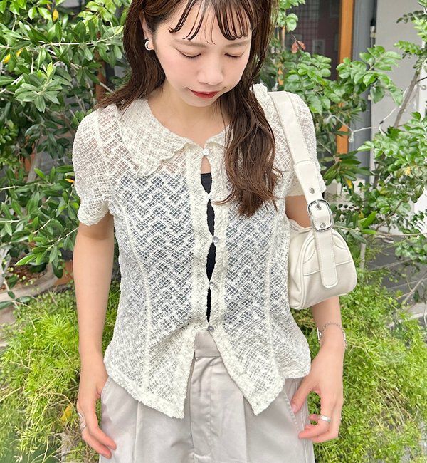  「【WEB先行】クロスジャガード半袖カーディガン」|Tシャツ・カットソー|アイボリー