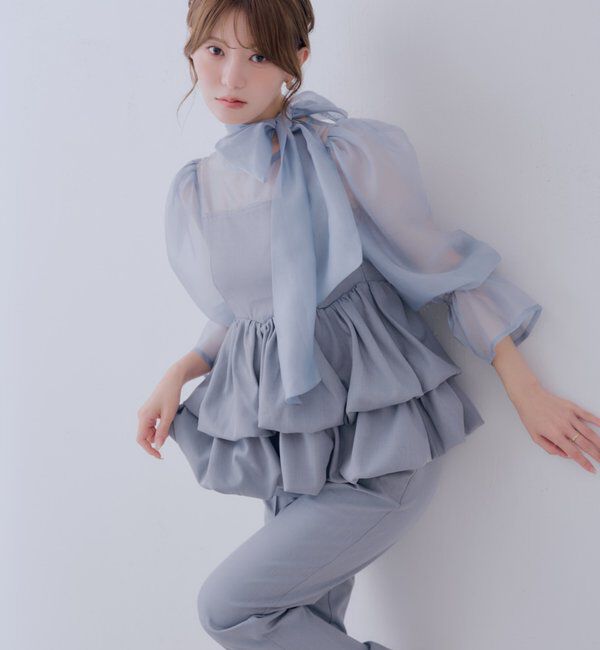  「【SALON by Chico】シアーバルーンペプラム + パンツセット」|ドレス|ブルー