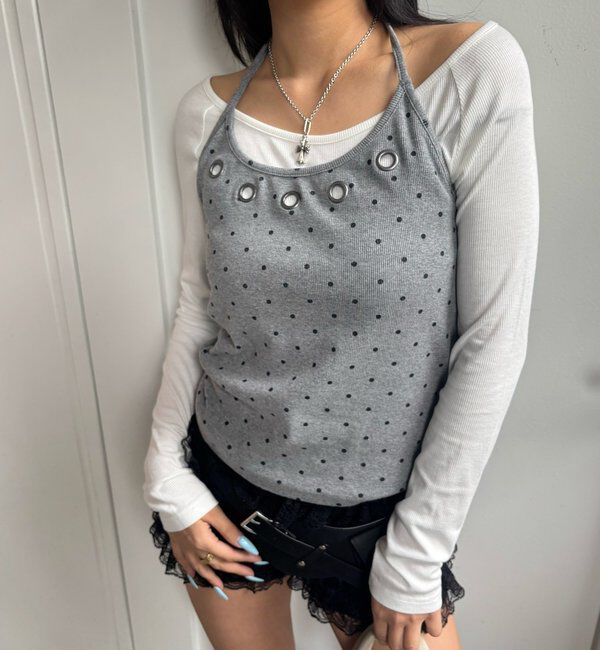 「アイレットホルターレイヤードトップス(無地/ボーダー/ドット)」|Tシャツ・カットソー|