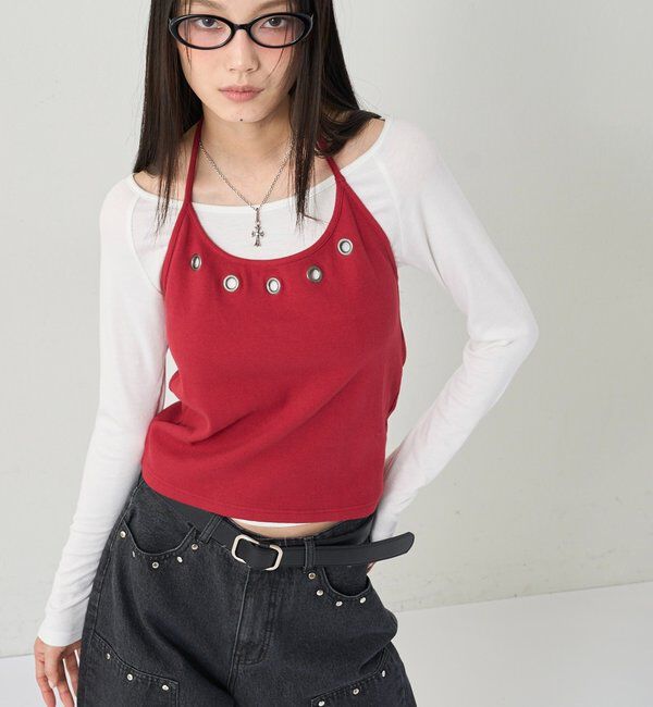  「アイレットホルターレイヤードトップス(無地/ボーダー/ドット)」|Tシャツ・カットソー|