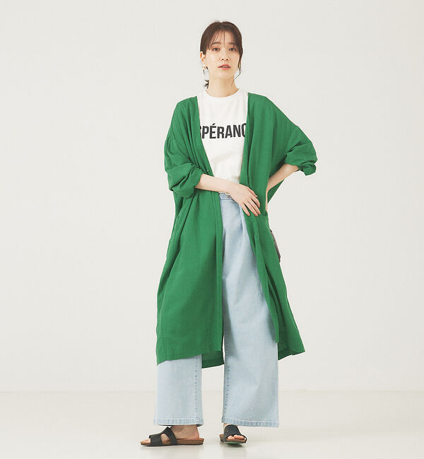 abahouse mavie「レーヨンリネントッパー」|ノーカラーコート|グリーン