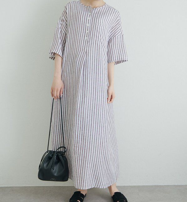  「麻レーヨンストライプヘンリーネックワンピース」|ワンピース|