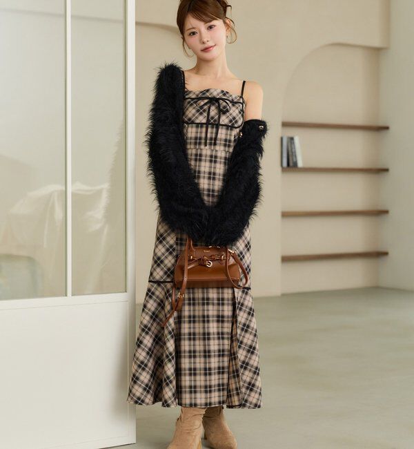  「【SMサイズ展開】配色チェックロングキャミワンピース」|ワンピース|