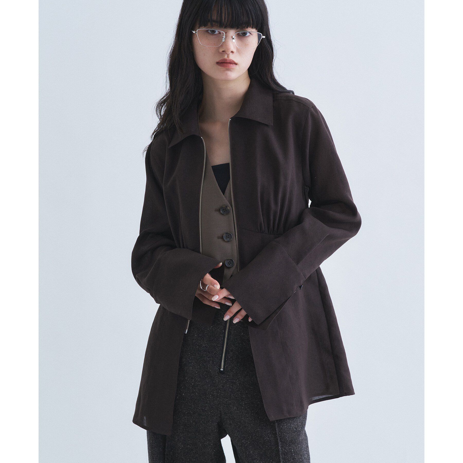 CODE A「sheer form zip shirts」|シャツ・ブラウス|ブラウン(044)