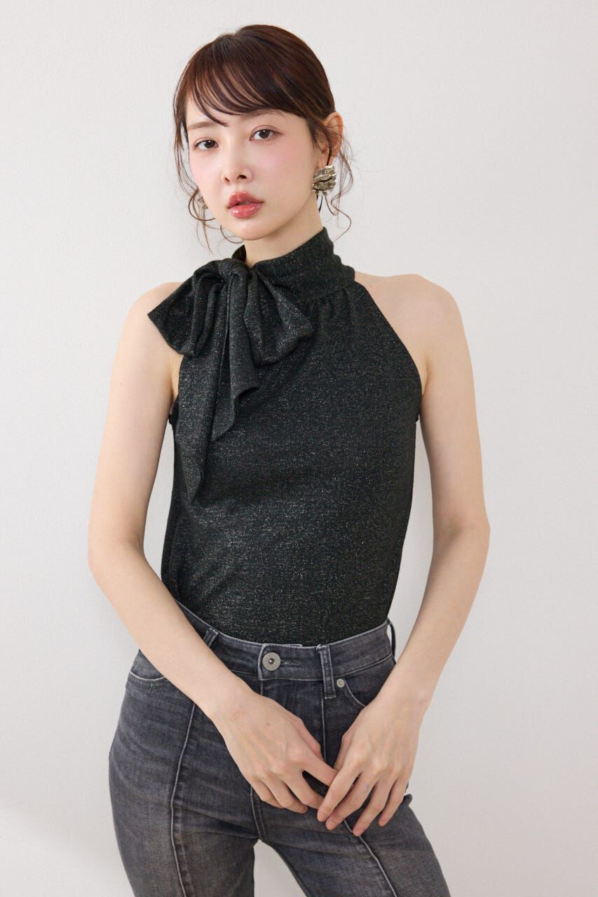 rienda「ラメフライスリボンネックトップス」|Tシャツ・カットソー|BLK