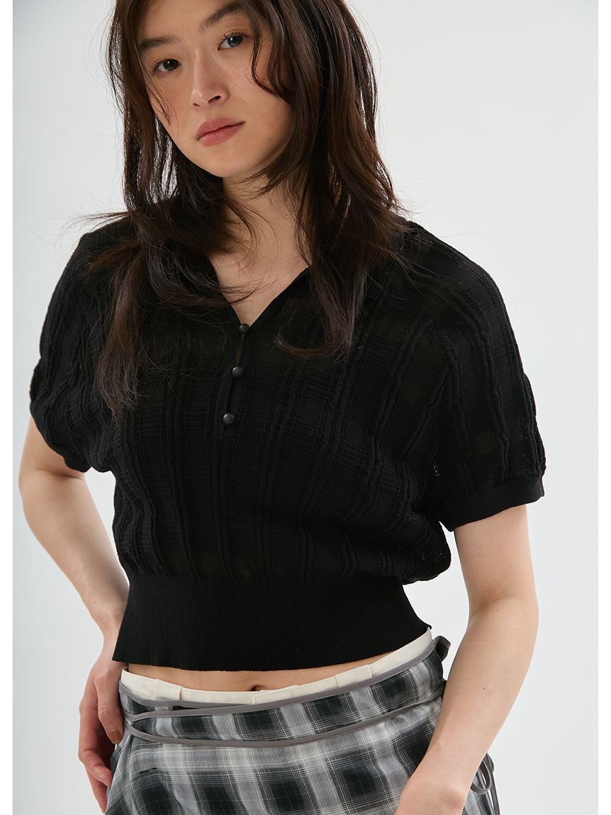 emmi atelier「シアーチェックポロニット」|ニット・セーター|BLK