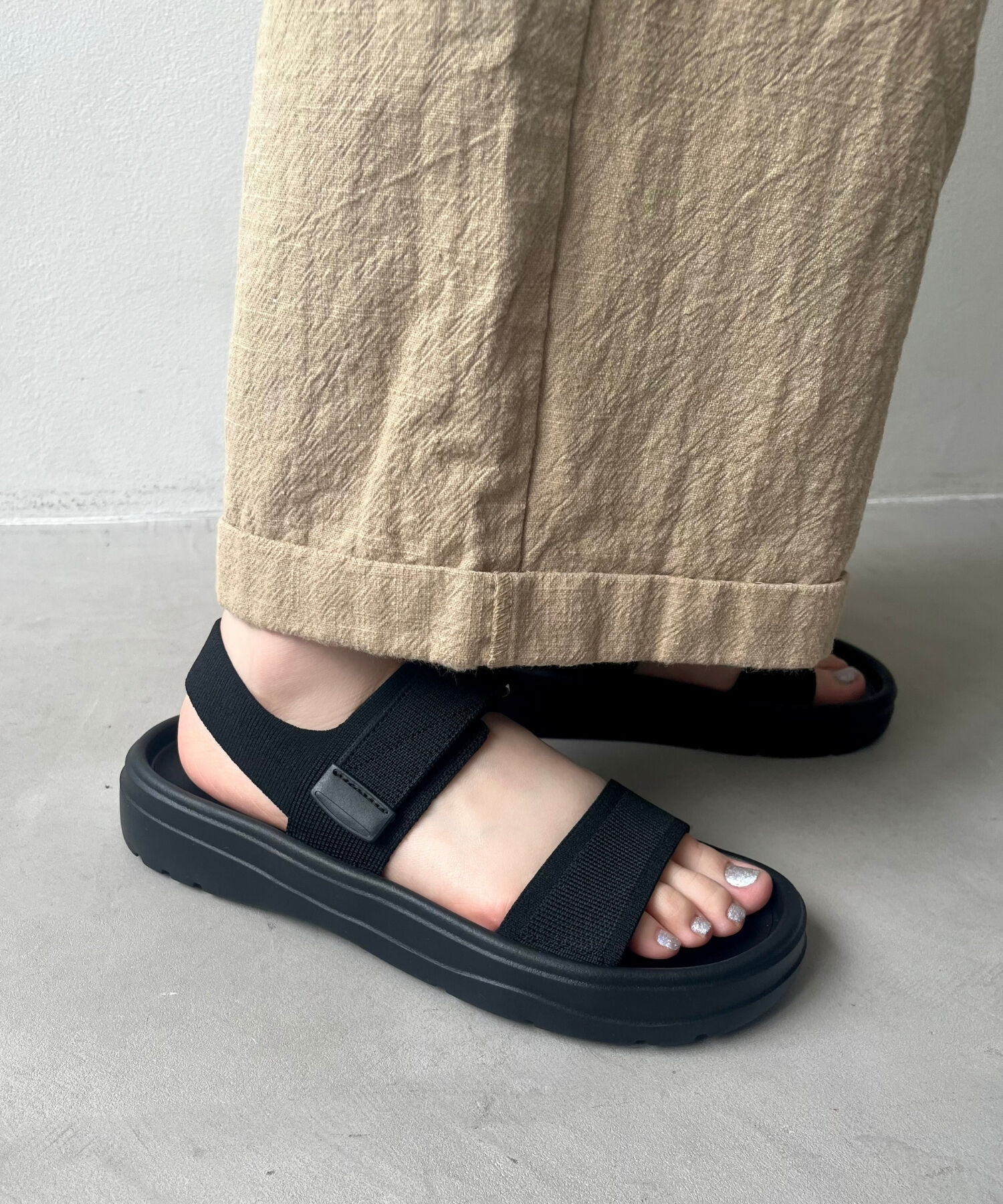 ORiental TRaffic「【Fit meサンダル】ニットダブルベルトサンダル/55208 サンダル 人気 WEB限定 ニット 軽い」|サンダル|BLACK