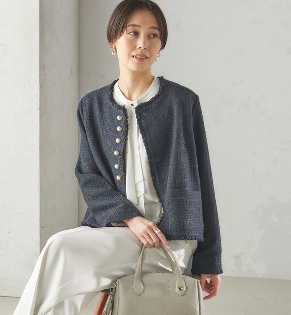 SHIPS for women「〈セレモニー対応可〉スラブ ツイード ノーカラー ジャケット（セットアップ対応）」|ノーカラージャケット|ネイビー