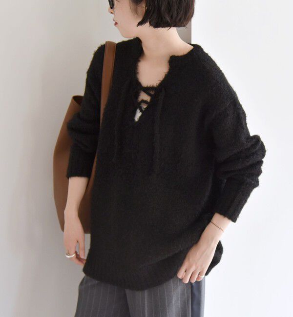 quaranciel「quaranciel:〈手洗い可能〉フェザーヤーン レースアップ ラメ スキッパー ニット」|ニット・セーター|