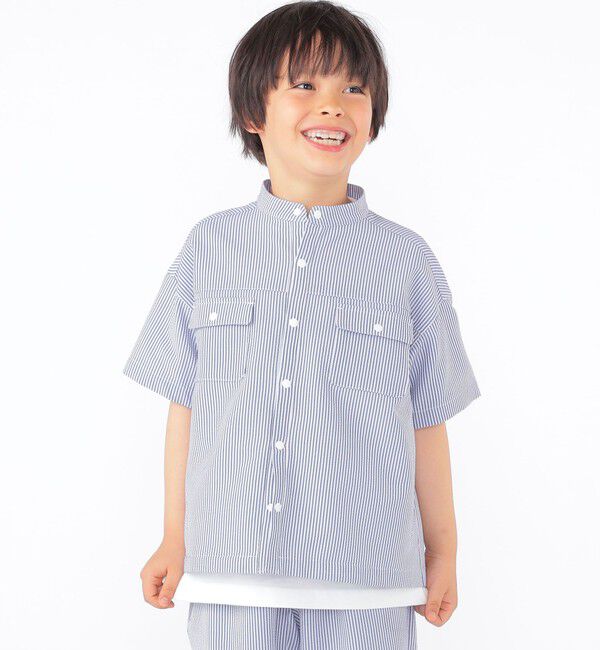 SHIPS KIDS「SHIPS KIDS:100～130cm /〈UVカット/吸水速乾〉ドライタッチ ストライプ シャツ」|シャツ・ブラウス|ブルー系