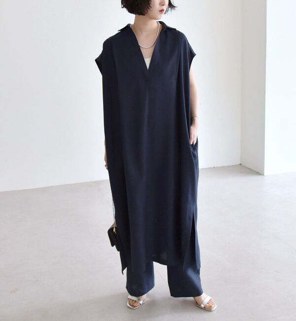 quaranciel「quaranciel:〈洗濯機可能〉リネン ライク スキッパー シャツ ワンピース＆パンツ セットアップ」|ワンピース|