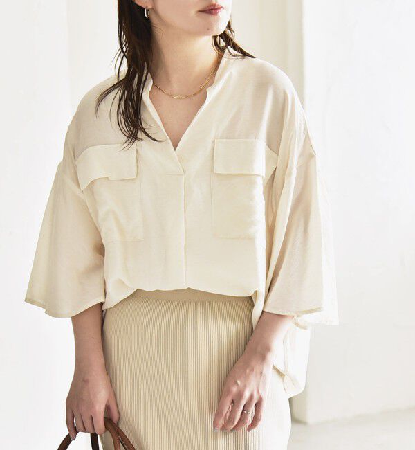 quaranciel「quaranciel:〈手洗い可能〉フレア ハーフスリーブ バンドカラー スキッパー シャツ」|シャツ・ブラウス|