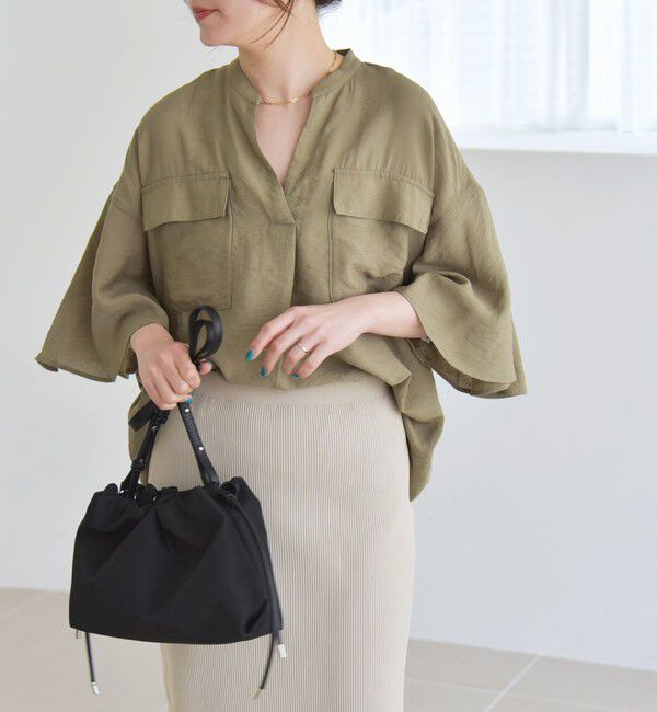 quaranciel「quaranciel:〈手洗い可能〉フレア ハーフスリーブ バンドカラー スキッパー シャツ」|シャツ・ブラウス|