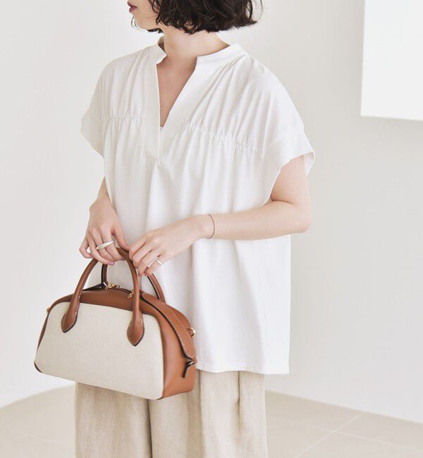 quaranciel「quaranciel:〈手洗い可能〉ギャザー スキッパー バンドカラー プルオーバー」|Tシャツ・カットソー|