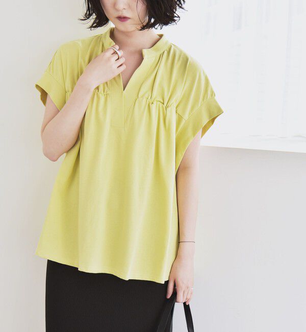 quaranciel「quaranciel:〈手洗い可能〉ギャザー スキッパー バンドカラー プルオーバー」|Tシャツ・カットソー|