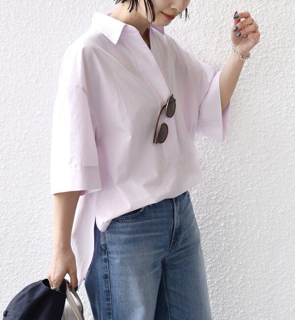 SHIPS for women「〈手洗い可能〉無地/ストライプ スキッパー サイド スリット 半袖 シャツ」|シャツ・ブラウス|