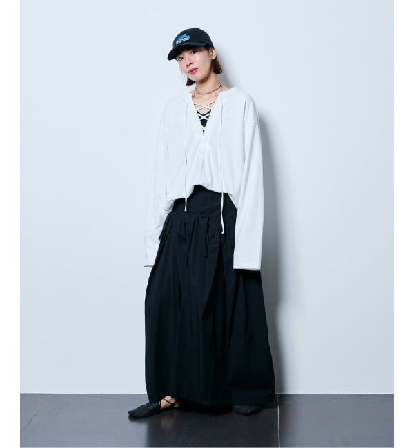  「《追加3》[THE MOOD]レースアップロングTシャツ」|Tシャツ・カットソー|