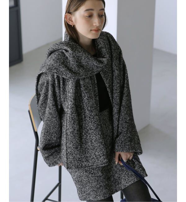  「ストール付きショートコート」|ノーカラーコート|