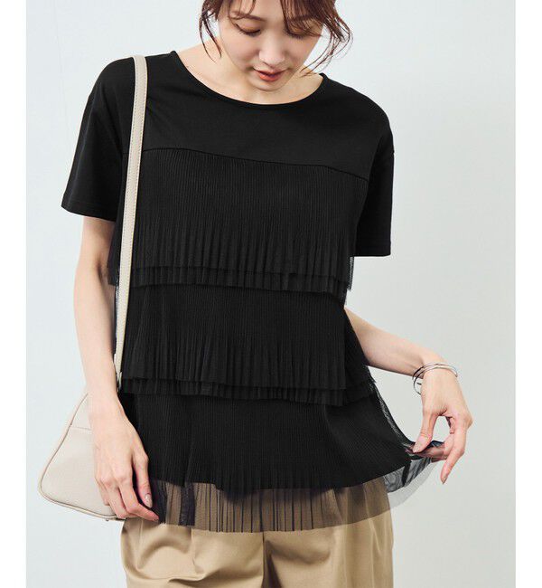 Rope&rsquo;Picnic「プリーツチュールドッキングTシャツ」|Tシャツ・カットソー|ブラック(01)