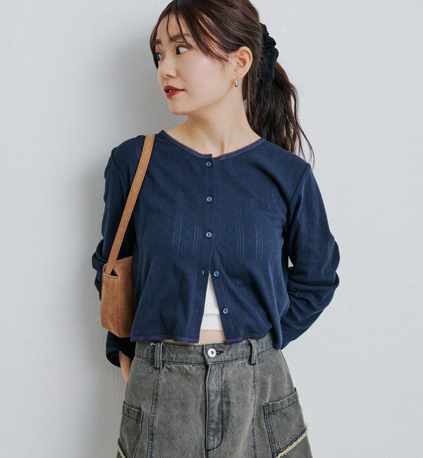  「【新色追加/2サイズ展開/5色展開】コットンレースチビカーディガン」|Tシャツ・カットソー|ネイビー