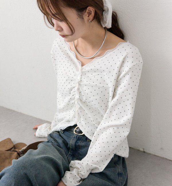  「ギャザーレースリブカーディガン」|Tシャツ・カットソー|