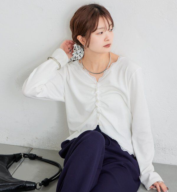 「ギャザーレースリブカーディガン」|Tシャツ・カットソー|