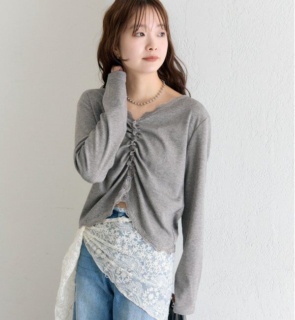  「ギャザーレースリブカーディガン」|Tシャツ・カットソー|