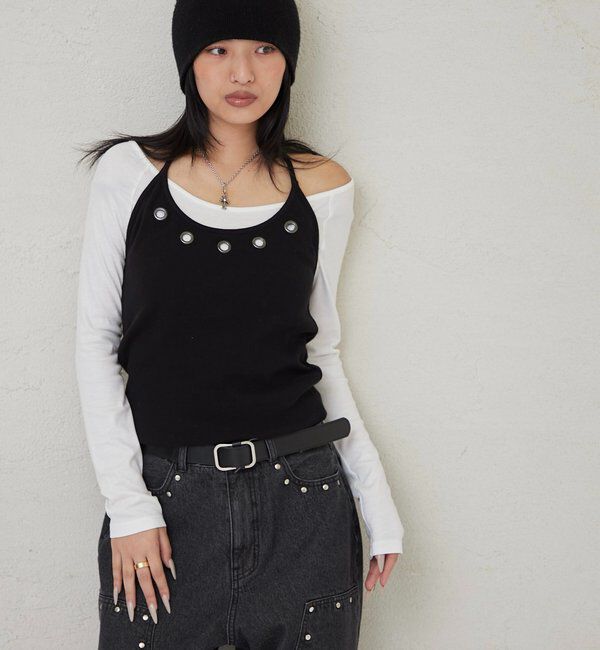 「アイレットホルターレイヤードトップス(無地/ボーダー/ドット)」|Tシャツ・カットソー|