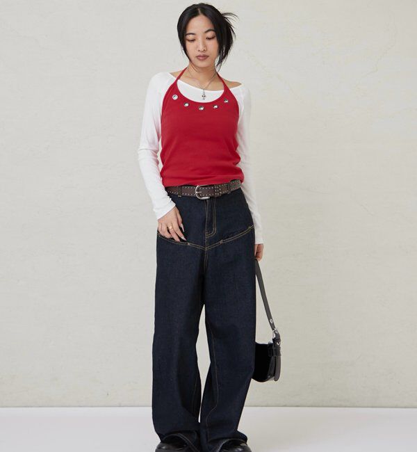  「アイレットホルターレイヤードトップス(無地/ボーダー/ドット)」|Tシャツ・カットソー|